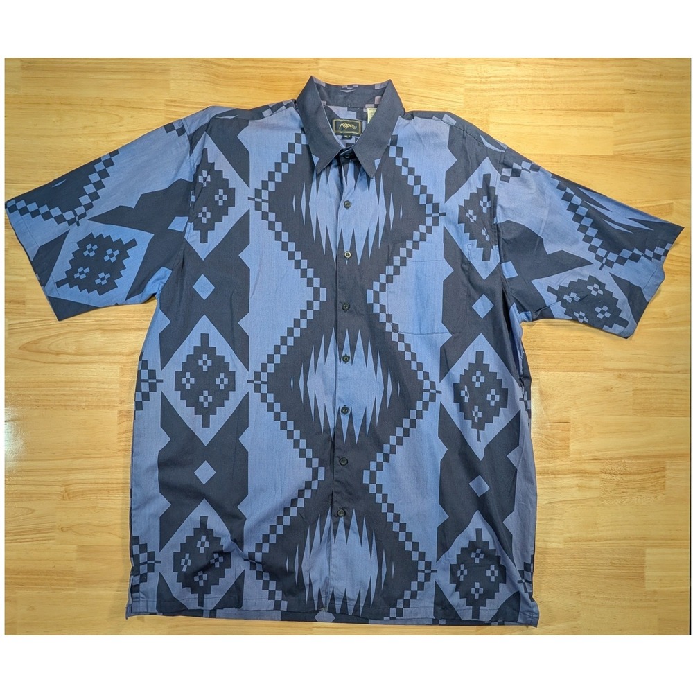 Roper Mens Aztec Geometric Button Down Shirt XLT Blue Cotton Short Sleeve Korea - Picture 1 of 8